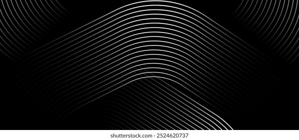 Um fundo abstrato preto e branco de um objeto de metal brilhante com muitas linhas e um fundo preto