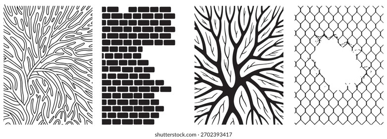 Schwarz-weißer abstrakter Hintergrund mit Baumzweigen Ziegelmauer und Kettenglied Zaun Vektorgrafik