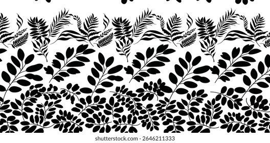 Black and white abstract background with tropical palm leaves in Matisse style. Vector seamless pattern with Scandinavian cut out elements.