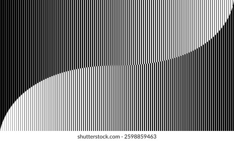 Black and White Abstract Background with Vertical Lines and Smooth Wave. Minimal Geometric Stripe Pattern with Optical Illusion and Gradient Effect. Vector Illustration for Design and Decor.