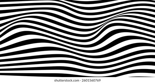 Black and white abstract background. Waves shape decoration. Optical illusion stripes style. Modern graphic design element with distorted lines concept for web, poster, flyer, card cover, or brochure