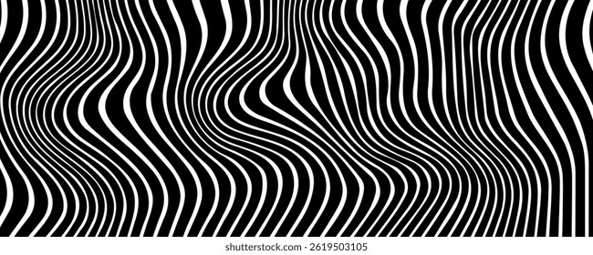 Fondo abstracto blanco y negro. Ondas en forma de decoración. Estilo de rayas de ilusión óptica. Elemento de Diseño gráfico moderno con concepto de líneas distorsionadas para Web, póster, volante, cubierta de tarjeta o folleto