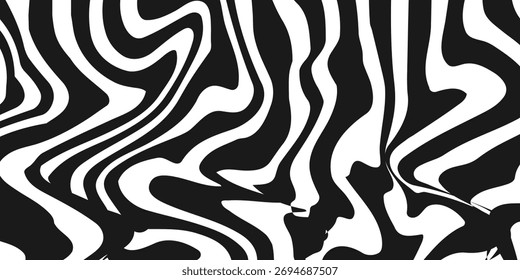 Schwarz-weißer abstrakter Hintergrund. Wellen formen Dekoration. Optische Illusion Streifen Stil. Modernes Grafikdesign mit verzerrten Linien für Web, Poster, Flyer, Kartenabdeckung oder Broschüre