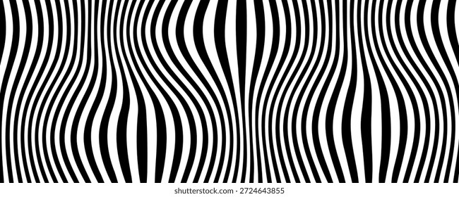 Black and white abstract background. Waves shape decoration. Optical illusion stripes style. Modern graphic design element with distorted lines concept for web, poster, flyer, card cover, or brochure