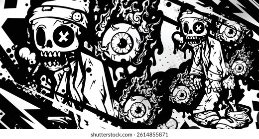 Black and white abstract background with Zombie objects and fire eyes, graffiti, vector, eps 10, editable.
