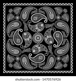 Black and white abstract bandana print with  element henna style. Square pattern design for pillow, carpet, rug. Design for silk neck scarf, kerchief, hanky