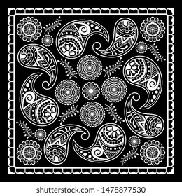 Black and white abstract bandana print with  element henna style. Square pattern design for pillow, carpet, rug. Design for silk neck scarf, kerchief, hanky