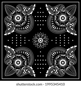Black and white abstract bandana print with  element henna style. Square pattern design for pillow, carpet, rug. Design for silk neck scarf, kerchief, hanky