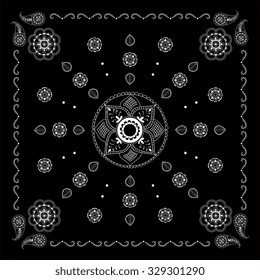 Black and white abstract bandana print with  element henna style.   Design for silk neck scarf, kerchief, hanky. Square pattern design for pillow, carpet, rug