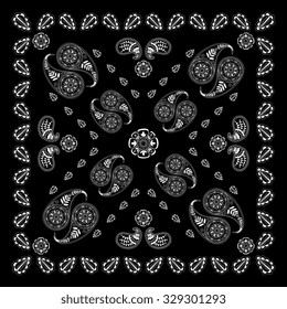 Black and white abstract bandana print with  element henna style.    Design for silk neck scarf, kerchief, hanky. Square pattern design for pillow, carpet, rug