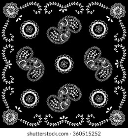 Black and white abstract bandana print with  element henna style.  Design for silk neck scarf, kerchief, hanky.  Square pattern design for pillow, carpet, rug.