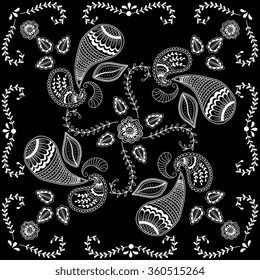 Black and white abstract bandana print with  element henna style.   Design for silk neck scarf, kerchief, hanky. Square pattern design for pillow, carpet, rug