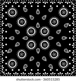 Black and white abstract bandana print with  element henna style.    Design for silk neck scarf, kerchief, hanky. Square pattern design for pillow, carpet, rug