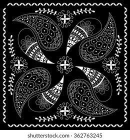 Black and white abstract bandana print with  element henna style.  Design for silk neck scarf, kerchief, hanky. Square pattern design for pillow, carpet, rug