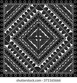 Black and white abstract bandana print with geometrical ornament. Square pattern design for pillow, carpet, rug.  Design for silk neck scarf, kerchief, hanky