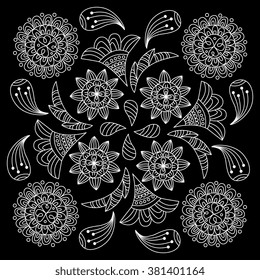 Black and white abstract bandana print with  element henna style.  Square pattern design for pillow, carpet, rug. Design for silk neck scarf, kerchief, hanky