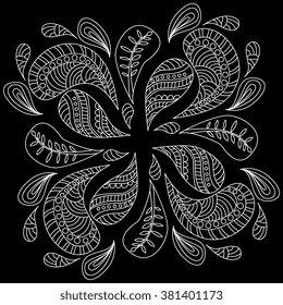 Black and white abstract bandana print with  element henna style. Square pattern design for pillow, carpet, rug. Design for silk neck scarf, kerchief, hanky