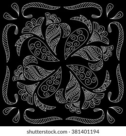 Black and white abstract bandana print with  element henna style. Square pattern design for pillow, carpet, rug. Design for silk neck scarf, kerchief, hanky