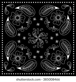 Black and white abstract bandana print with  element henna style. Square pattern design for pillow, carpet, rug. Design for silk neck scarf, kerchief, hanky