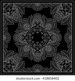 Black and white abstract bandana print with floral ornament.   Kerchief square pattern design. Design for silk neck scarf, kerchief, hanky