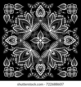 Black and white abstract bandana print with  element henna style. Square pattern design for pillow, carpet, rug. Design for silk neck scarf, kerchief, hanky