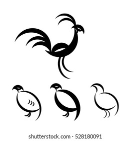 black and white abstract birds including partridge and crow and rooster 