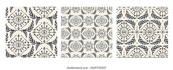 Black and white abstract botanical Damask seamless patterns set. Floral abstract repeat monochrome background.