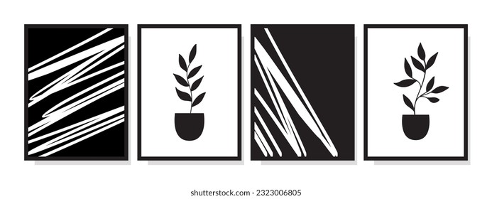 Black and white abstract botanical wall art and lines for wall decoration. Ideal for wall decor, prints, posters and brochures.
