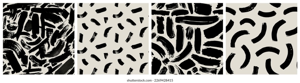Black and white abstract brush stroke painting seamless pattern set. Modern paint line background collection in monochrome color. Messy graffiti sketch wallpaper print, rough hand drawn texture.