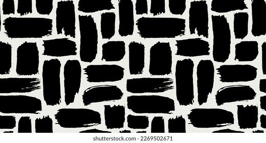 Black and white abstract brush stroke painting seamless pattern illustration. Modern paint line background in monochrome color. Messy graffiti sketch wallpaper print, rough hand drawn texture.