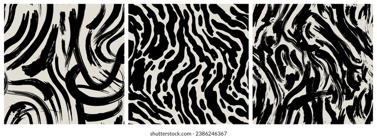 Black and white abstract brush stroke painting seamless pattern set. Modern paint line background collection in monochrome color. Messy graffiti sketch wallpaper print, rough hand drawn texture.