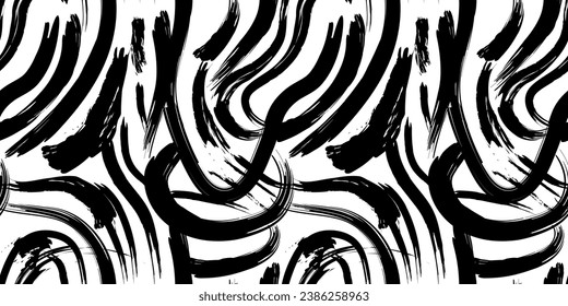 Black and white abstract brush stroke painting seamless pattern illustration. Modern paint line background in monochrome color. Messy graffiti sketch wallpaper print, rough hand drawn texture.