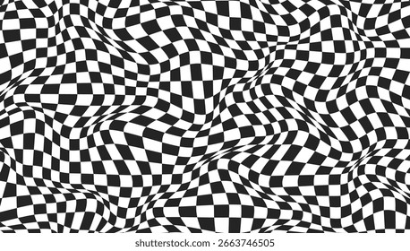 Banner xadrez abstrato em preto e branco. Fundo verificado com efeito de distorção. O tabuleiro distorceu o padrão da superfície. Ilustração vetorial.