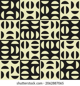 Black and white abstract chess cells. Vector pattern with checkers, and halves of a circle inside.