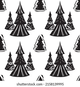 Black and white abstract Christmas trees in a flat style. Vector seamless pattern. Hand print Linocut. Festive design for fabric, textile, wrapping paper, postcards.