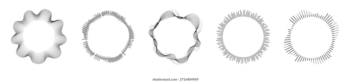 Círculos abstratos em preto e branco com formas de onda de música techno e desenhos intrincados.