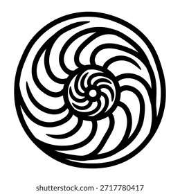 Um desenho circular abstrato preto e branco com um padrão espiral proeminente, criando um efeito visual hipnótico e dinâmico. Os redemoinhos concêntricos evocam uma sensação de movimento e profundidade.