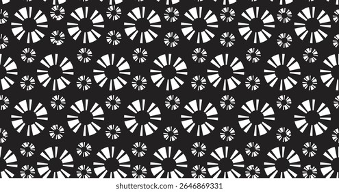 Padrão de flor circular abstrato preto e branco com simetria geométrica e estilo minimalista moderno, ideal para impressões têxteis, papéis de parede, fundos e uso de design gráfico ou digital.

