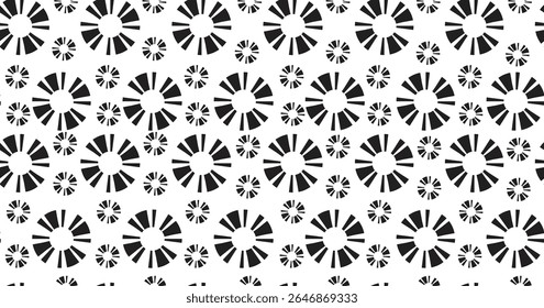 Black and white abstract circular flower pattern with geometric symmetry and modern minimalist style, ideal for textile prints, wallpapers, backgrounds, and digital or graphic design use.

