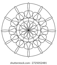 Padrão de mandala circular abstrato preto e branco com pétalas e formas de laço círculo