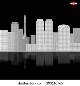 black white abstract city with reflection on black background vector