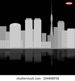 black white abstract city with reflection on black background vector