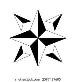 Black and white abstract compass rose design. Geometric compass rose vector illustration with sharp angular shapes, symbolizing navigation, direction, and exploration in  modern style