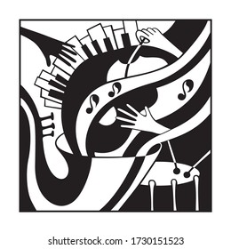 Black and white abstract composition. Playing musical instruments