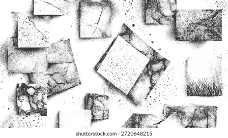 Composición abstracta en blanco y negro de cuadrados texturizados y puntos dispersos