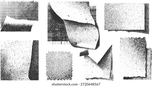 Composición abstracta en blanco y negro de fragmentos de papel texturizados y patrones de puntos