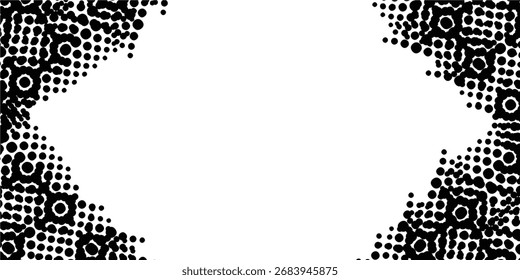 Diseño abstracto en blanco y negro con patrones circulares que enmarcan un espacio en blanco.