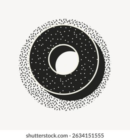 Projeto abstrato preto e branco de uma rosquinha com polvilhos. Padrão circular com borrifadas. Arte de rosca minimalista com foco em polvilhos e forma. Vetor de ilustração bonito.