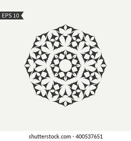 Black and white abstract design element. Ornamental round icon. Logo isolated. Emblem template. Vector illustration.