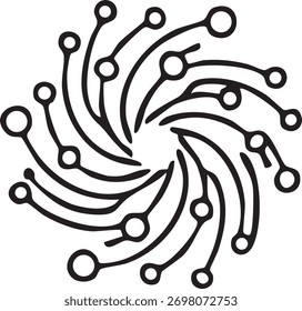 Un diseño abstracto en blanco y negro con un patrón de remolino de líneas y círculos interconectados, que recuerda a una placa de circuito o red, creando una imagen dinámica.